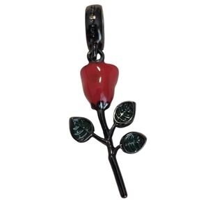 🎆Gnoce Sterling Silver 925 Black & Red Rose Dangle Bracelet Charm